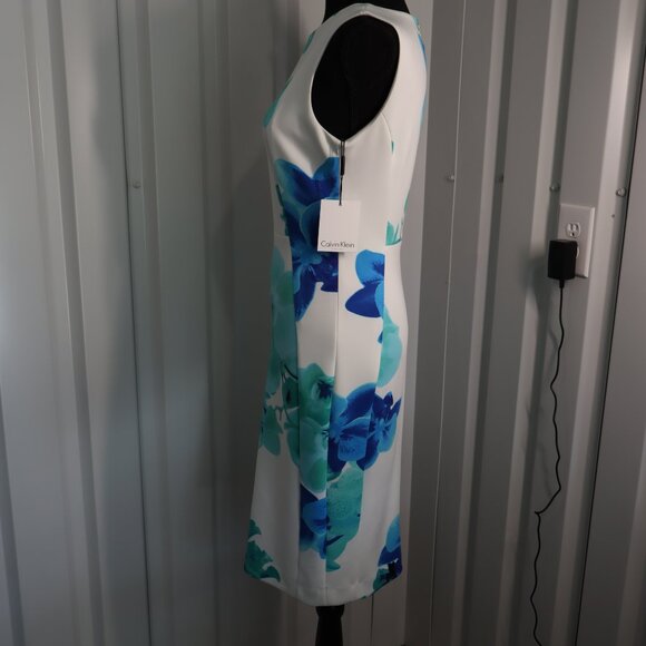 Calvin Klein Women's White Blue Teal Scuba Sheath Dress Sleeveless Size 4 NWT - Picture 2 of 9